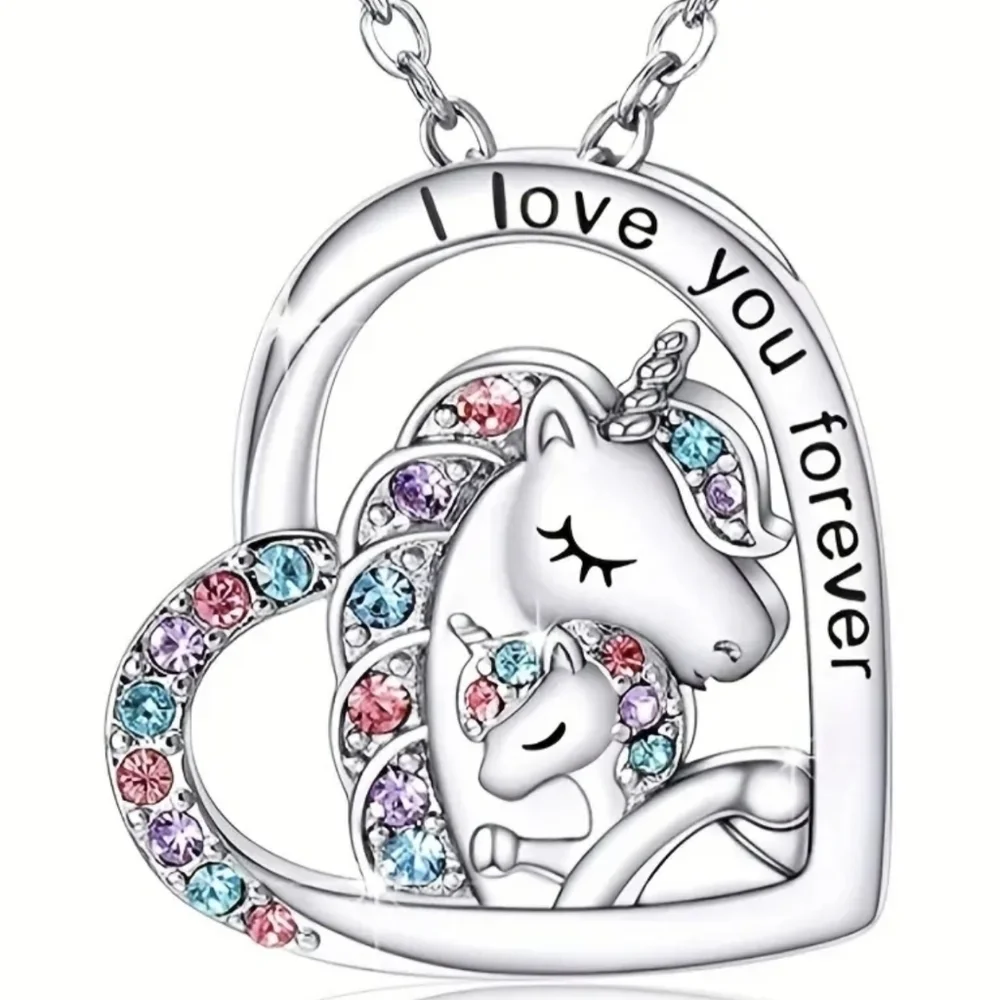 New Creative Heart-Shaped Cute Unicorn Hug Pendant Necklace, T5B3A